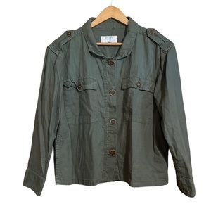 •TIME AND TRU•ARMY GREEN VISCOSE-LINEN BLEND BUTTON LIGHTWEIGHT SHACKET SIZE S